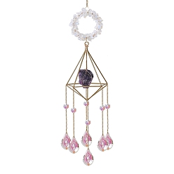 Opalite Natural Amethyst & Opalite Hanging Ornaments, Glass Tassel Suncatchers, Ring, 480mm