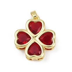 Темно-Красный Латунь стекло кулоны, клевер, без свинца и без кадмия, долговечный, стойки покрытие, реальный 18 k позолоченный, граненые, темно-красный, 24x21.5x5.5 мм, отверстие : 5x2.5 мм