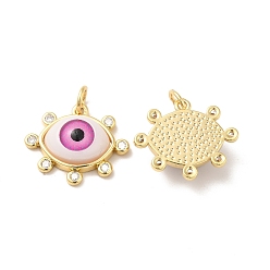 Hot Pink Brass Micro Pave Clear Cubic Zirconia Pendants, with Resin, Real 18K Gold Plated, Evil Eye Charms, Hot Pink, 17.5x20.5x6mm, Jump Ring: 6x1mm, Inner Diameter: 4mm