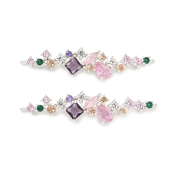 Серебро Подвески-подвески-цветочки из латуни с разноцветными кубическими циркониями, серебряные, 40x9x4 мм, отверстие : 1 мм