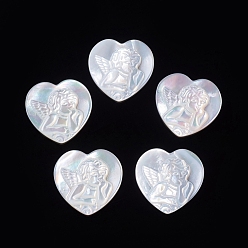 White Shell Natural White Shell Cabochons, Heart with Angel, 19~19.5x19.5x2.5mm