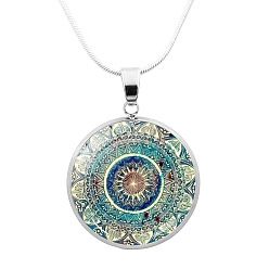 Dark Turquoise Glass Mandala Flower Dome Pendant Necklace, Platinum Brass Jewelry for Women, Dark Turquoise, 24.21 inch(61.5cm)
