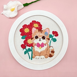 Red Flower Cat Pattern DIY Embroidery Starter Kit with Instruction Book, Embroidery Fabric & Bamboo Hoops & Thread and Needle, Easy Stamped Fabric Hand Crafts, Red, 200mm