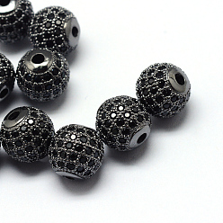 Gunmetal Rack Plating Brass Cubic Zirconia Beads, Long-Lasting Plated, Round, Gunmetal, 9.5~10x9~9.5mm, Hole: 2mm