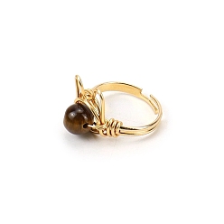 Tiger Eye Natural Tiger Eye Adjustable Ring, Cat Shape Golden Brass Wire Wraped Ring, Wide: 8mm
