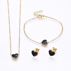 Golden 304 Stainless Steel Jewelry Sets, Pendant Necklaces & Stud Earrings & Bracelets, with Enamel, Heart, Golden, 16.93 inch(43cm), 7-1/8 inch(18cm), 9x10x2mm, Pin: 0.8mm
