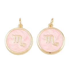 Scorpio Brass Enamel Pendants, Flat Round & Constellation Charms, Rack Plating, Long-Lasting Plated, Cadmium Free & Lead Free, Golden, Scorpio Charms, 17.5x15x2mm, Hole: 3mm
