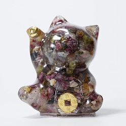 Quartz Tourmalinated Décorations d'exposition artisanales en copeaux de quartz tourmaliné naturel et en résine, figurine de chat porte-bonheur, pour la maison ornement feng shui, 63x55x45mm