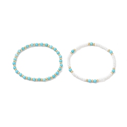 Howlite 2Pcs 2 Style Natural Howlite & Glass Seed Round Beaded Stretch Bracelets Set for Women, Inner Diameter: 2-1/8 inch(5.4cm), 1Pc/style