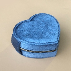 Dodger Blue Heart Velvet Jewelry Organizer Zipper Boxes, Portable Travel Jewelry Case, for Earrings, Necklaces, Rings, Dodger Blue, 10x9x5cm