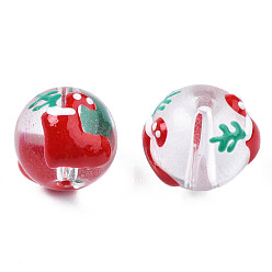 Red Transparent Glass Enamel Beads, Christmas Theme, Round with Socks, Red, 13~14x12x11mm, Hole: 1.6mm