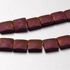 Purple Plated Electroplate Non-magnetic Synthetic Hematite Bead Strands, Frosted, Flat Slice Square Beads, Purple Plated, 8x8x3mm, Hole: 1mm, about 49pcs/strand, 15.7 inch