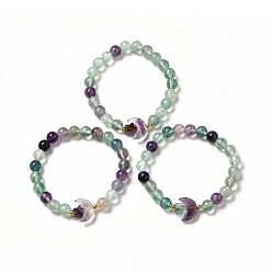 Флюорит Эластичный браслет из бисера с луной и звездой из натурального флюорита для женщин, внутренний диаметр: 2-1/8 дюйм (5.5 см)