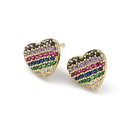 Colorful Heart Brass Cubic Zirconia Ear Studs for Women Men, Lead Free & Cadmium Free, Real 18K Gold Plated, Long-Lasting Plated, Colorful, 11x12x4mm, Pin: 0.8mm