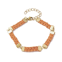 Light Salmon Braided Waxed Polyester Rectangle Link Chain Bracelets, with Real 18K Gold Plated 304 Stainless Steel Clasps, Light Salmon, 6-3/4 inch(17.3cm)
