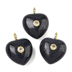 Синий Драгоценный Камень Синтетический синий авантюрин подвески, подвески в форме сердца с латунной микропаве из прозрачных кубических цирконий, золотые, 25.5~26.5x20.5x12~13 мм, отверстие : 4.5 мм