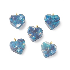 Королевский синий Подвески из прозрачной смолы, окрашенные натуральным кальцитом, с золотыми тонами латунных петель, шарма сердца, королевский синий, 16.5x15.5x6~6.5 мм, отверстие : 2 мм