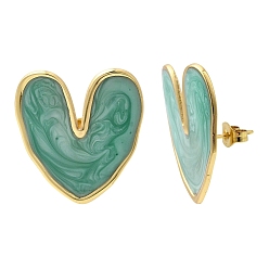 Зеленый Сердце 201 серьги-гвоздики из нержавеющей стали с эмалью, с 304 штифтов из нержавеющей стали, вакуумное покрытие pvd, золотые, зелёные, 24.5x22.5 мм