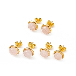 Rose Quartz Natural Rose Quartz Half Round Stud Earrings, Golden Brass Jewelry for Women, Cadmium Free & Lead Free, 14x8mm, Pin: 0.7mm