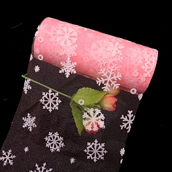 Pink 10 Yards Christmas Polyester Deco Mesh Ribbon, Printed Snowflake Tulle Fabric, for Bowknot Making, Pink, 150mm