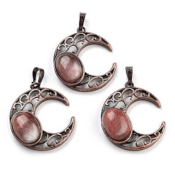 Вишневый Кварц Вишневое из кварцевого стекла подвески, с красной медью, луна, 34x30x9~9.5 мм, отверстие : 5x8 мм