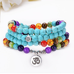 OM-108 green turquoise Colorful Natural Stone Yoga OM Tree Lotus Charm Bracelet with 108 Turquoise Beads