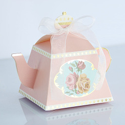 Pink Teapot Foldable Creative Paper Gift Box, Flower Pattern Candy Box with Ribbon, Decorative Gift Box for Wedding, Pink, 8.5x8.5x10.5cm