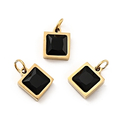 Black Vacuum Plating 304 Stainless Steel Pendants, with Cubic Zirconia and Jump Rings, Single Stone Charms, Square, Golden, Black, 9.5x8x3.5mm, Hole: 3.4mm
