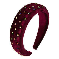 Dark Red Rhinestone Velvet Hair Bands, Wide Sponge Hair Accessories for Women Girls, Dark Red, 150x125mm