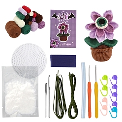 Flower DIY Pot Plant Crochet Kits for Beginners, including Polyester Yarn, Fiberfill, Crochet Needle, Yarn Needle, Support Wire, Stitch Marker, Mixed Color, Package Size: 23x16.8cm