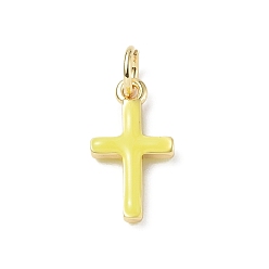 Yellow Real 18K Gold Plated Eco-Friendly Rack Plating Brass Enamel Pendants, Long-Lasting Plated, with Jump Rings, Lead Free & Cadmium Free, Cross Charm, Yellow, 15x8x3mm, Hole: 3.4mm
