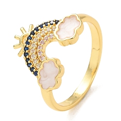 Золотой Кольца для женщин с микропаве из латуни и кубическими цирконами, Радуга с облаком, с эмалью, золотые, 13x16 мм, размер США 7 1/4 (17.5 мм)