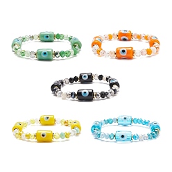 Mixed Color Column with Evil Eye Lampwork & Glass Beaded Stretch Bracelet for Women, Mixed Color, Inner Diameter: 1-7/8 inch(4.7cm)