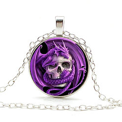 Dark Violet Dragon Theme Glass Round Pendant Necklace with Alloy Chains, Dark Violet, 20.47 inch(52cm)