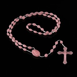Pink Luminous Plastic Rosary Bead Necklace, Glow in the Dark Cross Pendant Necklace for Women, Pink, 21.65 inch(55cm)