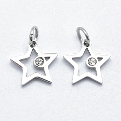 Stainless Steel Color 316 Surgical Stainless Steel Pendants, with Cubic Zirconia, Long-Lasting Plated, Star, Clear, Stainless Steel Color, 14x14x2mm, Hole: 3mm