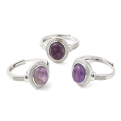 Amethyst Natural Amethyst Oval Adjustable Ring, Platinum Brass Jewelry for Women, Cadmium Free & Lead Free, 2.5~3.3mm, Inner Diameter: 18.8mm