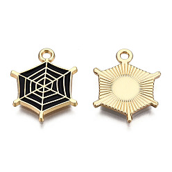 Black Light Gold Plated Alloy Pendants, with Enamel, Spider Web, Black, 20x16.5x1.5mm, Hole: 2mm