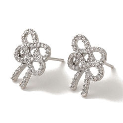 Platinum Rack Plating Brass Micro Pave Cubic Zirconia Studs Earrings, Long-Lasting Plated, Lead Free & Cadmium Free, Bowknot, Platinum, 15x14mm