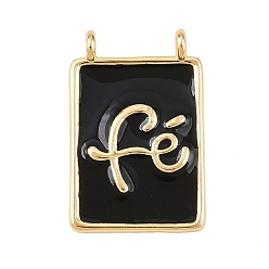Черный Латунь эмаль подвески, прямоугольник со словами-подвесками, без свинца и без кадмия, долговечный, реальный 18 k позолоченный, стойки покрытие, чёрные, 18.5x12x3 мм, отверстие : 1.2 мм