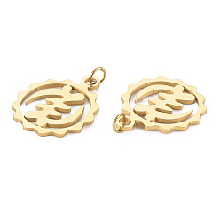 Real 14K Gold Plated Vacuum Plating 304 Stainless Steel Pendants, with with Jump Ring, Flat Round with Adinkra Gye Nyame Ethnic Ghana Jewelry, Real 14K Gold Plated, 28.5x15x1mm, Jump Ring: 3.5x0.5mm, Inner Diameter: 2.5mm 