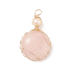 Rose Quartz Natural Rose Quartz Pendants, with Golden Tone Copper Wire Wrapped and Natural Cultured Freshwater Pearl, Oval, 34x21x8mm, Hole: 3.7mm