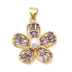 Фиолетовый Латунные микро проложить кубического циркония подвески, с абс пластмассовой имитационной жемчужиной, , без кадмия и без свинца, долговечный, стойки покрытие, фиолетовые, 23.5x21x6 мм, отверстие : 5x3.5 мм