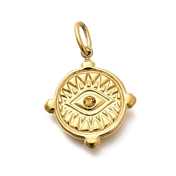 Золотистый 304 из нержавеющей стали горный хрусталь подвески, ионное покрытие (ip), плоские круглые и глазные подвески, золотые, 19.5x17x3 мм, отверстие : 4.5x3 мм