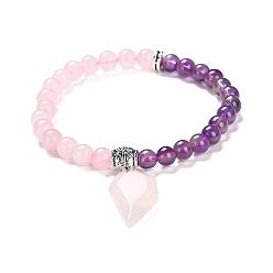Amethyst Natural Rose Quartz & Amethyst Round Beaded Stretch Bracelets, with Half Heart Charms, Inner Diameter: 2-1/4 inch(5.75cm)