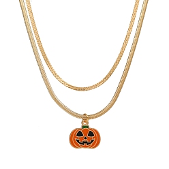 Golden 2Pcs 2 Style Halloween Pumpkin Enamel Pendant Necklaces Set, Wheat & Herringbone Chains Stackable Necklaces for Women, Golden, 17.72~19.69 inch(45~50cm), 1Pc/style