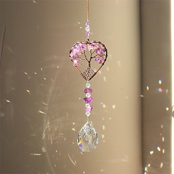 Amethyst Natural Amethyst Chip Wrapped Heart with Tree of Life Hanging Ornaments, Glass Teardrop Tassel Suncatchers for Home Outdoor Decoration, 180mm