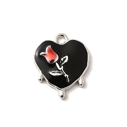 Черный Подвески из сплава , с эмалью, без свинца, без кадмии и без никеля, стойки покрытие, сердце с розовым шармом, платина, чёрные, 18x15.5x3.5 мм, отверстие : 1.8 мм