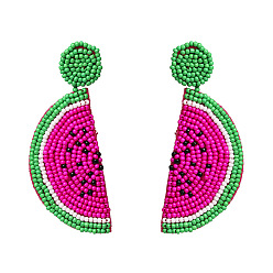 Rose red Handmade Fruit Earrings - Watermelon Dragonfruit Rice Bead Studs 2019 European and American Style Jewelry