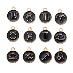 Black Alloy Enamel Pendants, Golden, Flat Round with Twelve Constellation Pattern, Black, 15x12mm, 12pcs/set